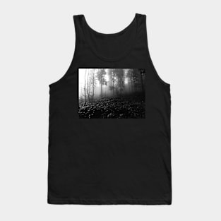 Black and white misty photo of a forest Tank Top